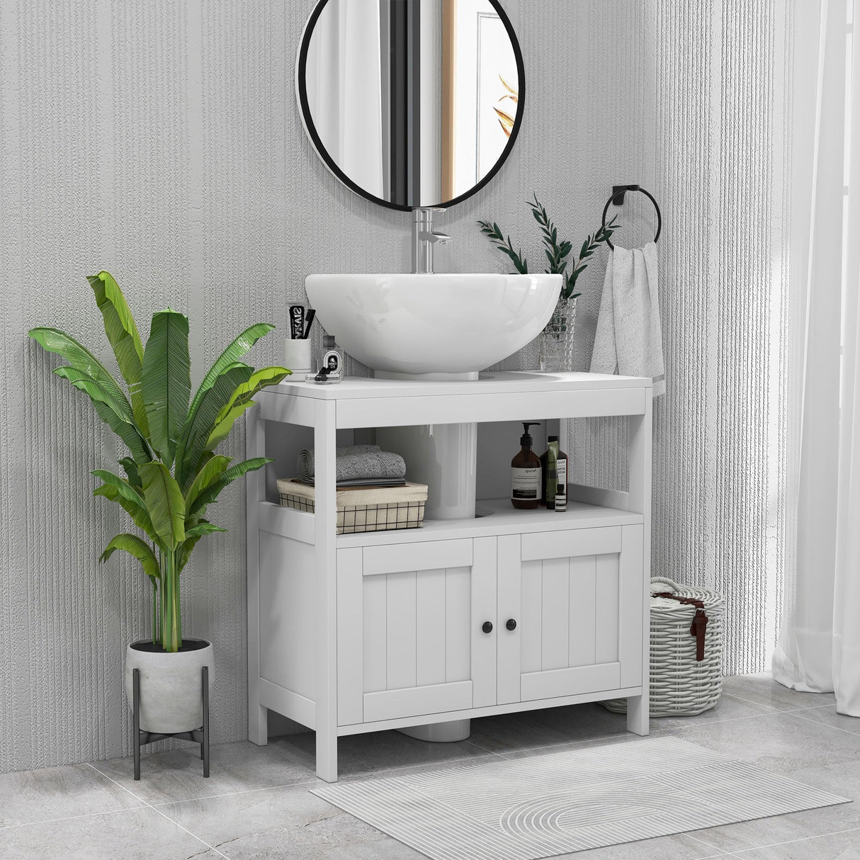 kleankin Pedestal Sink Storage Cabinet, Bathroom Under Sink Cabinet with 2 Doors and Open Shelf, Bathroom Vanity, White kleankin