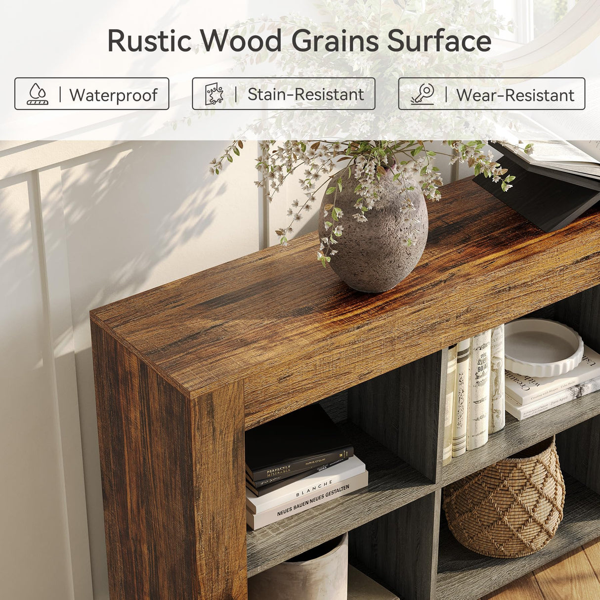 LITTLE TREE Console Table with Storage, 63-Inch Narrow Long Sofa Table, Entryway Table with 6 Cubes, Farmhouse Storage Shelves for Entryway, Living Room LITTLE TREE