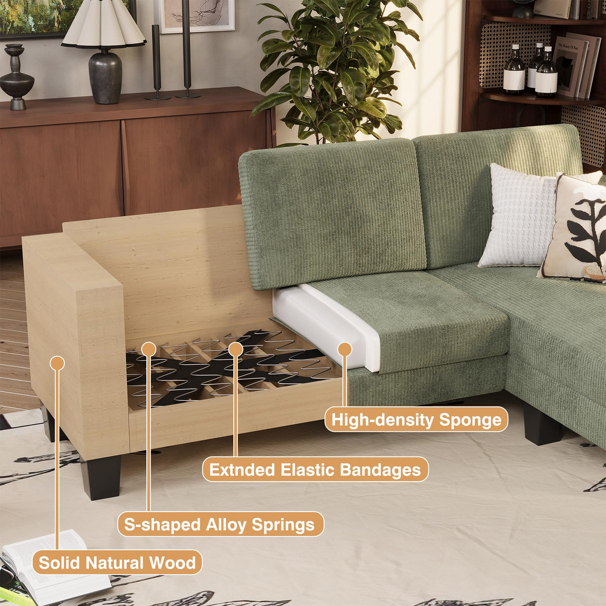 VICTONE Convertible Sectional Sofa Couch, 3 Seat L-Shaped Sofa with Linen Fabric Ottoman Small Couch for Small Apartments, Living Room and Office (Corduroy, Green) VICTONE