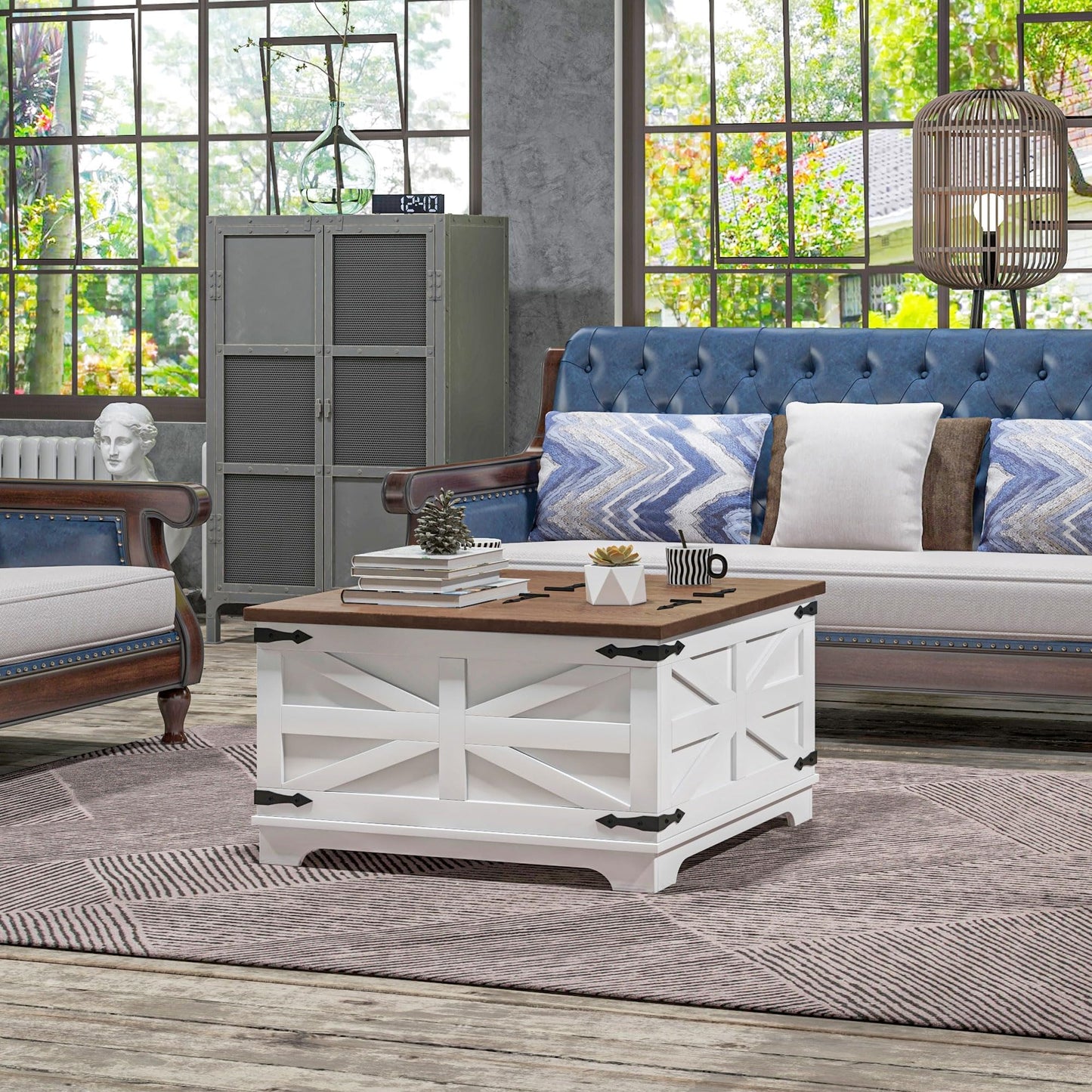 HOMCOM Farmhouse Coffee Table with Storage, Center Table with Hinged Lift Top and Hidden Space, Square Coffee Table for Living Room, White - WoodArtSupply