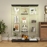 TRJQBCC 3 Column 2 Doors Tempered Glass Display Cabinet with LED Lights Strip, 4-Shelf Wooden Removable Curio Storage Cabinet with Casters, 65" H Lock Display Case Bookshelf for Home & Office (Black) TRJQBCC