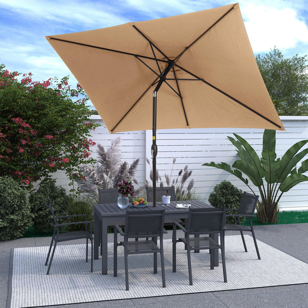 SUNVIVI OUTDOOR 6.5 x 10 Ft Rectangular Patio Umbrella Aluminum Pole, Outdoor Table Market Umbrella with Crank, 6 Steel Ribs, Polyester Canopy, Light Brown SUNVIVI OUTDOOR