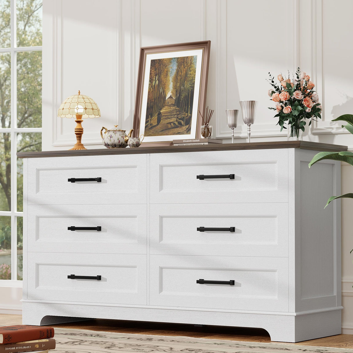 YESHOMY Dresser for Bedroom, Farmhouse 6 Drawers Dresser, Chest of Drawer Chest, Multi-Tier Clothing Storage Cabinet, White and Brown YESHOMY