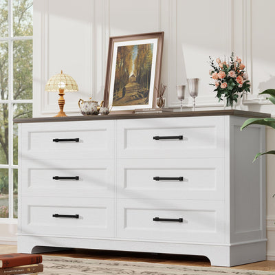YESHOMY Dresser for Bedroom, Farmhouse 6 Drawers Dresser, Chest of Drawer Chest, Multi-Tier Clothing Storage Cabinet, White and Brown