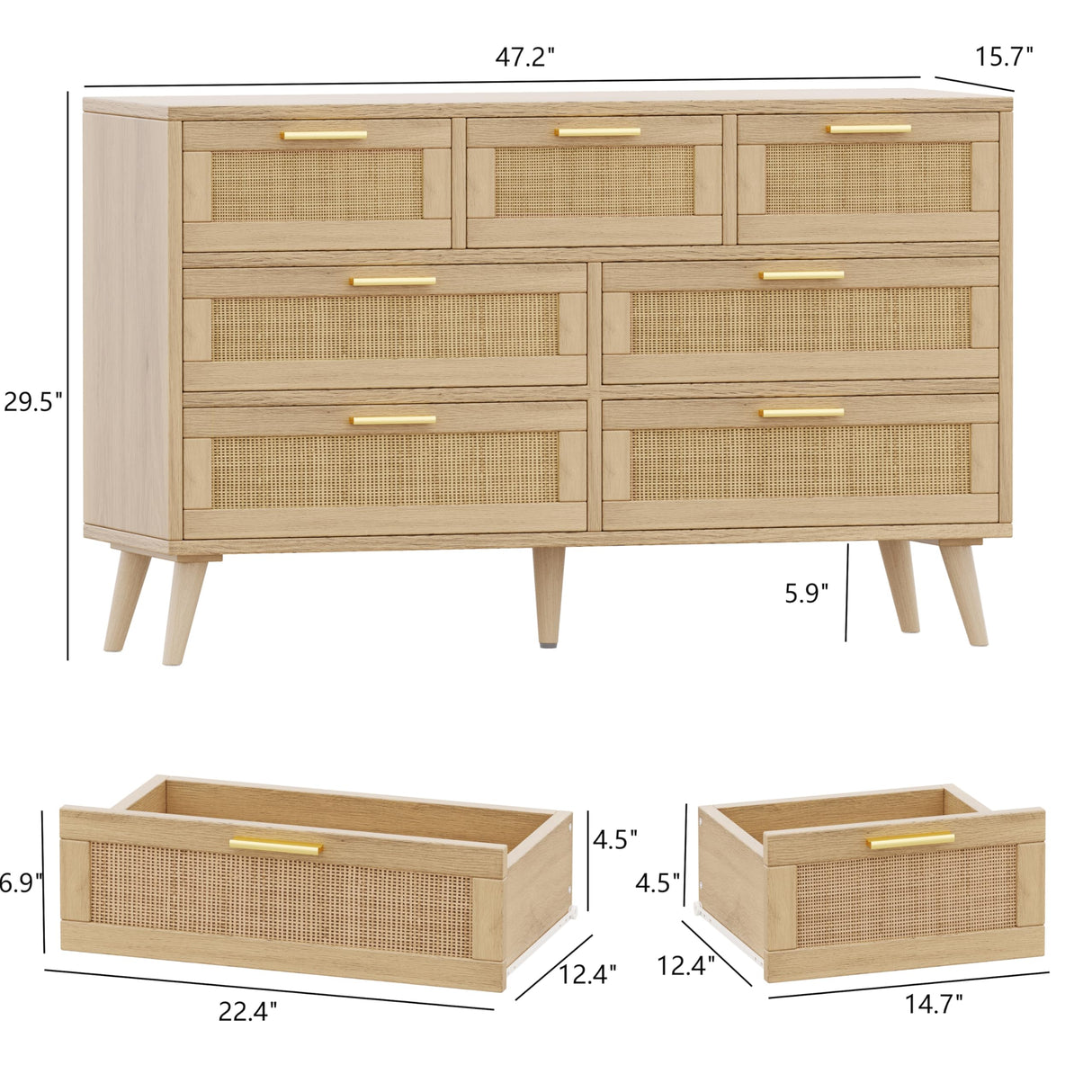 Rovaurx 7 Drawer Double Dresser for Bedroom, Rattan Chest of Dressers, Modern Wooden Dresser Chest with Golden Handles, Beside Table for Closet, Living Room and Entryway, Natural RDG004M Rovaurx