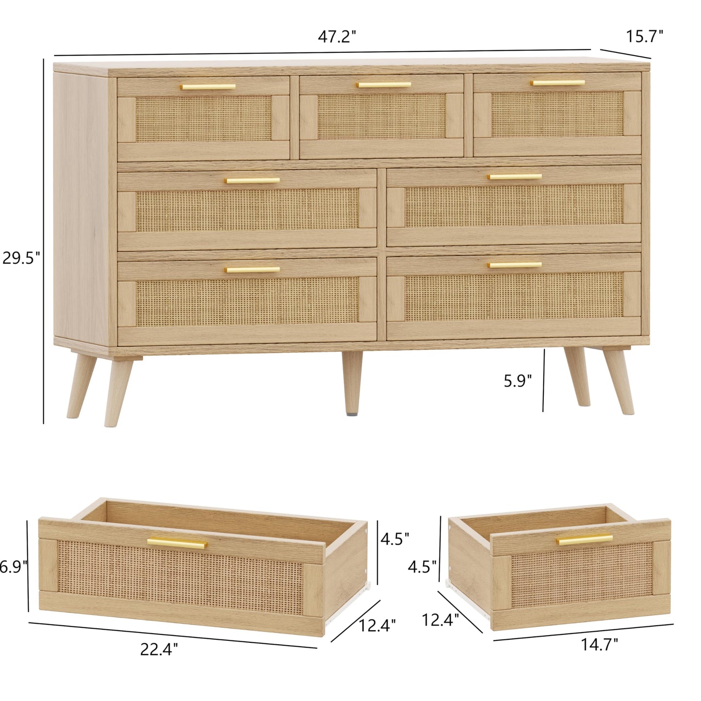 Rovaurx 7 Drawer Double Dresser for Bedroom, Rattan Chest of Dressers, Modern Wooden Dresser Chest with Golden Handles, Beside Table for Closet, Living Room and Entryway, Natural RDG004M - WoodArtSupply