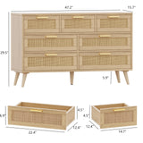Rovaurx 7 Drawer Double Dresser for Bedroom, Rattan Chest of Dressers, Modern Wooden Dresser Chest with Golden Handles, Beside Table for Closet, Living Room and Entryway, Natural RDG004M Rovaurx