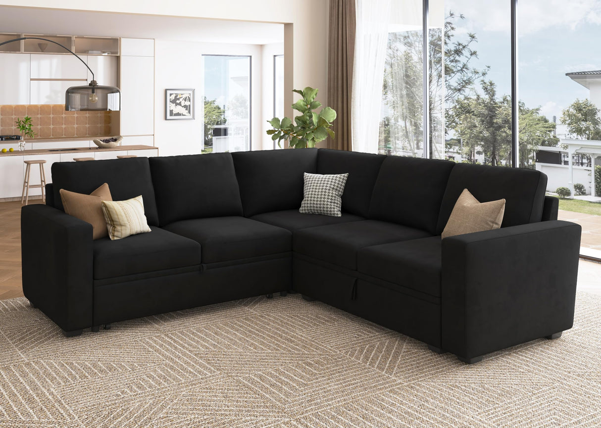 HONBAY Modular Sectional Sleeper Sofa with Pull Out Bed, Velvet L Shaped Sectional Couch with Storage Seat, Convertible Sectional Couches for Living Room, Black HONBAY