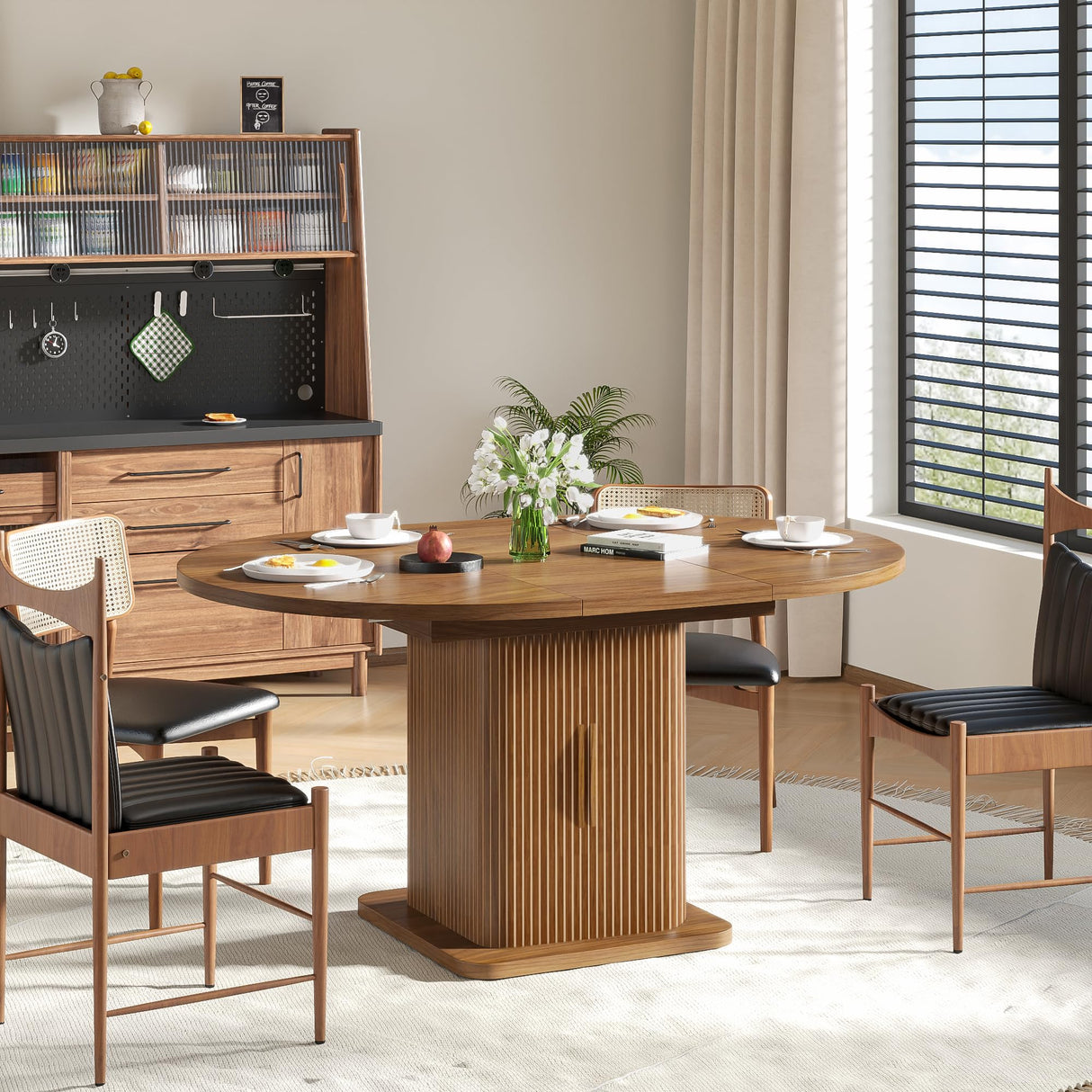 Extendable Round Dining Table for 4-6-8, 59 Inch Dining Room Kitchen Table with Storage, Fluted Wood Slide Door, Modern Oval Circle Dinner Furniture for Living Room, Farmhouse, Brown, Walnut Woemtoric