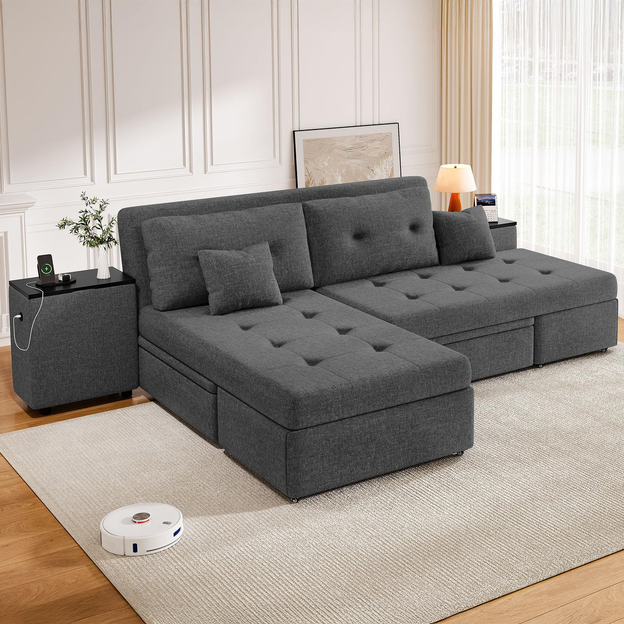 DWVO Queen Size Sofa Bed, 5-in-1 Multi-functional Convertible Sleeper Sofa with 2 Storage Cabinet Nightstand & USB Ports, 100" Sectional Sofa Couch with 2 Comfy Pillows for Living Room Apartment, Grey DWVO