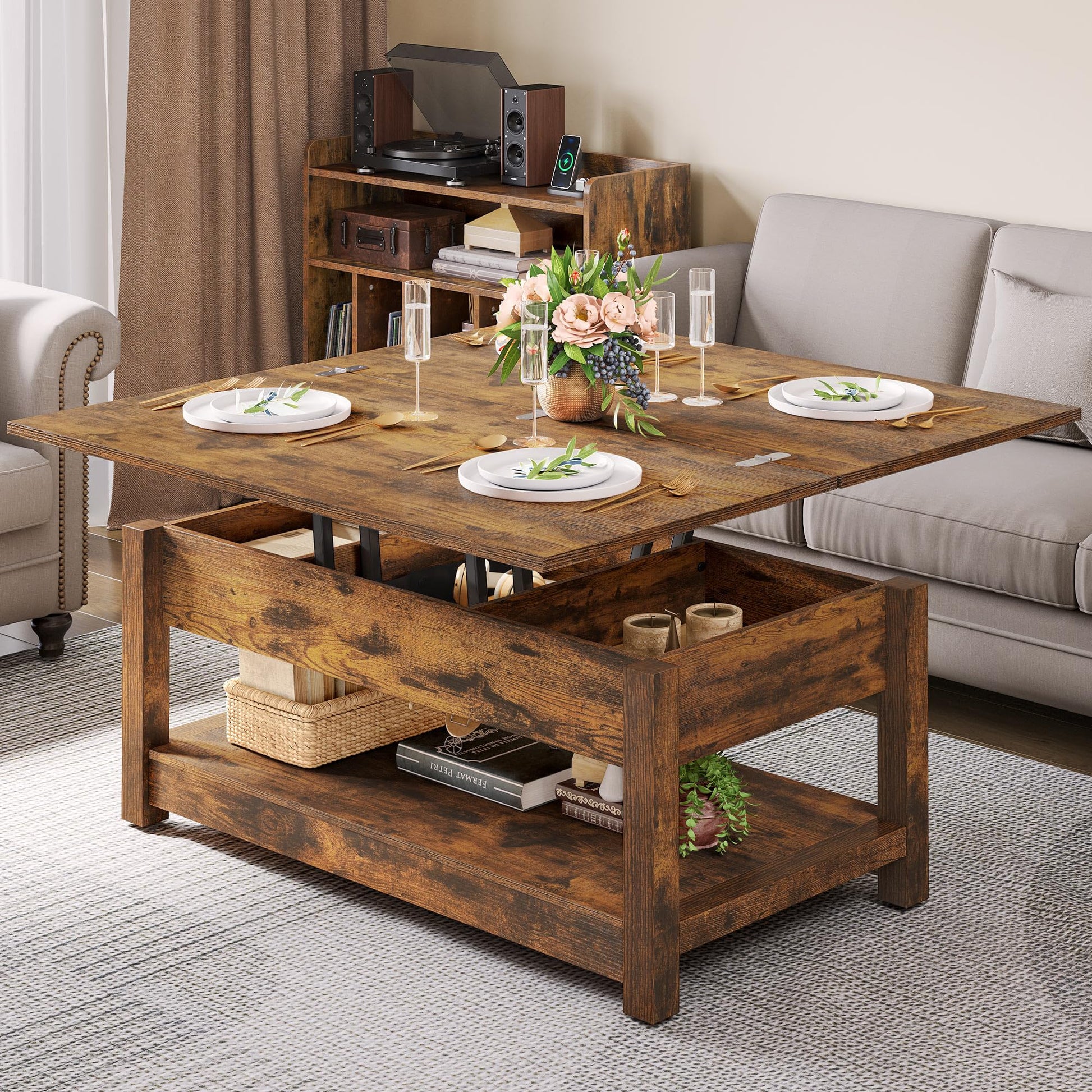 YITAHOME Coffee Tables for Living Room, Lift Top Coffee Table, 3 in 1 Multi-Function Coffee Table, with Storage, Farmhouse Coffee Table Wood Center Table with Hidden Compartment, Rustic Brown - WoodArtSupply