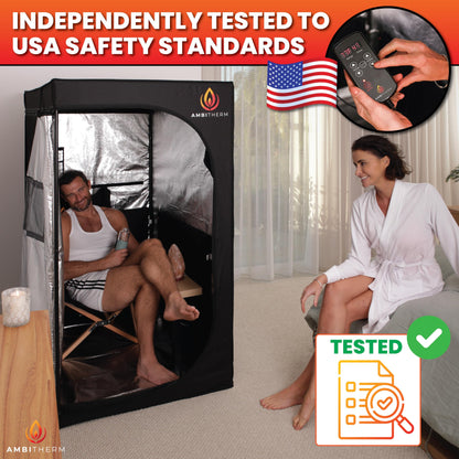 AMBITHERM Large Portable Infrare d Sauna for Home – Extra Large Sauna Tent - 50% More Leg Room – Touch-Sensitive Entertainment Pocket– Reclining Beechwood Chair with Washable Fitted Towel