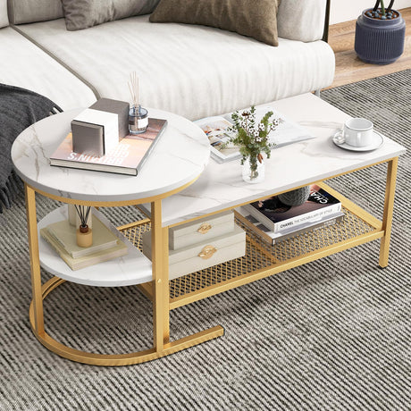 KOTEK Nesting Coffee Table Set of 2, Detachable Rectangular Coffee Table & Small Round End Table Set, Faux Marble Pattern & Sturdy Metal Frame, Modern Nesting Tables for Living Room (Gold) KOTEK