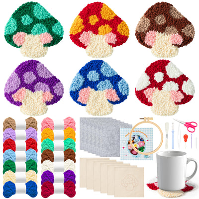 WATINC Mushroom Punch Needle Coaster Kit - 22Pcs Easy Art Work Decor Coasters Kits for Beginners, DIY Set of 6 Mushroom Pattern Tufted Rug Pads with Adhesive Felt Yarns Embroidery Hoop Instruction