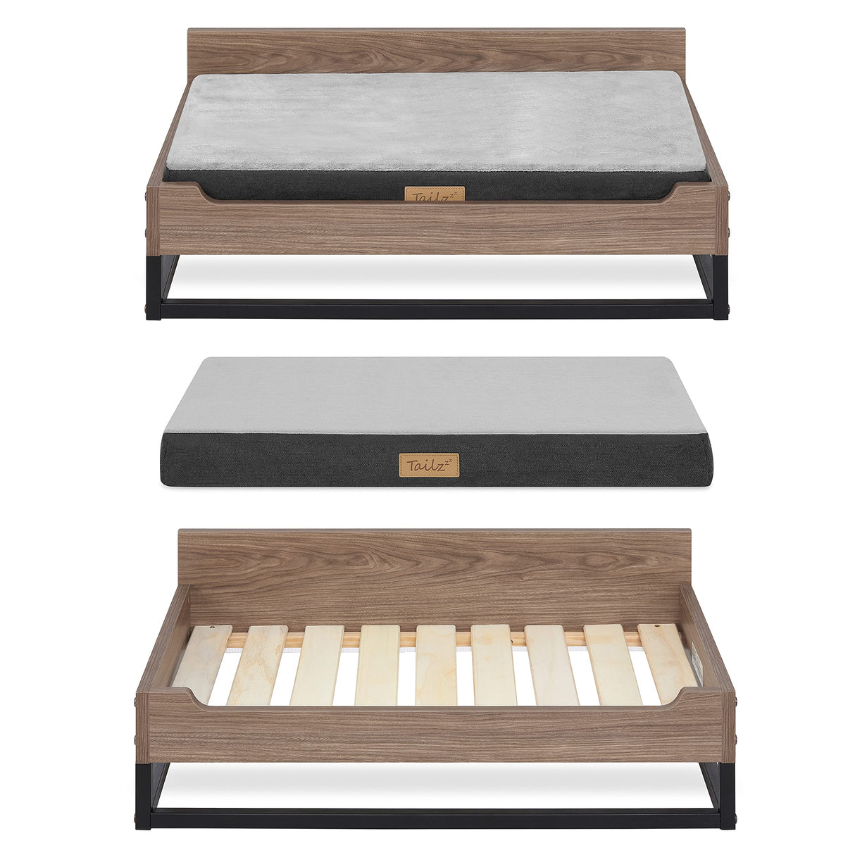 TailZzz Wooden Dog Bed and Dog Couch with Water-Resistant Mattress, Small to Medium Elevated Pet Bed with Calming Mattress, Greenguard Gold Certified, Dog Beds & Furniture, Milo, Walnut TailZzz