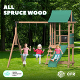 All Spruce Wooden Swing Sets for Backyard for Kids 3-12, Swingset Outdoor for Kids, Outdoor Kids Swing Sets for Backyard with 2 Belt Swings, Slide, Climber, Sandbox Area, Blackboard, Play Deck BUPPLEE