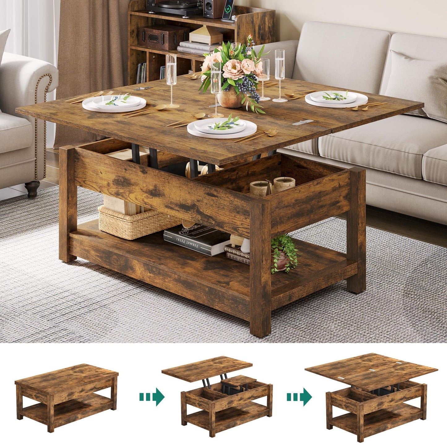 YITAHOME Coffee Tables for Living Room, Lift Top Coffee Table, 3 in 1 Multi-Function Coffee Table, with Storage, Farmhouse Coffee Table Wood Center Table with Hidden Compartment, Rustic Brown - WoodArtSupply