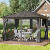 Outsunny 10' x 12' Hardtop Gazebo with Curtains and Netting, Permanent Pavilion Metal Single Roof Gazebo Canopy with Aluminum Frame and Hooks, for Garden, Patio, Backyard, Dark Gray Outsunny