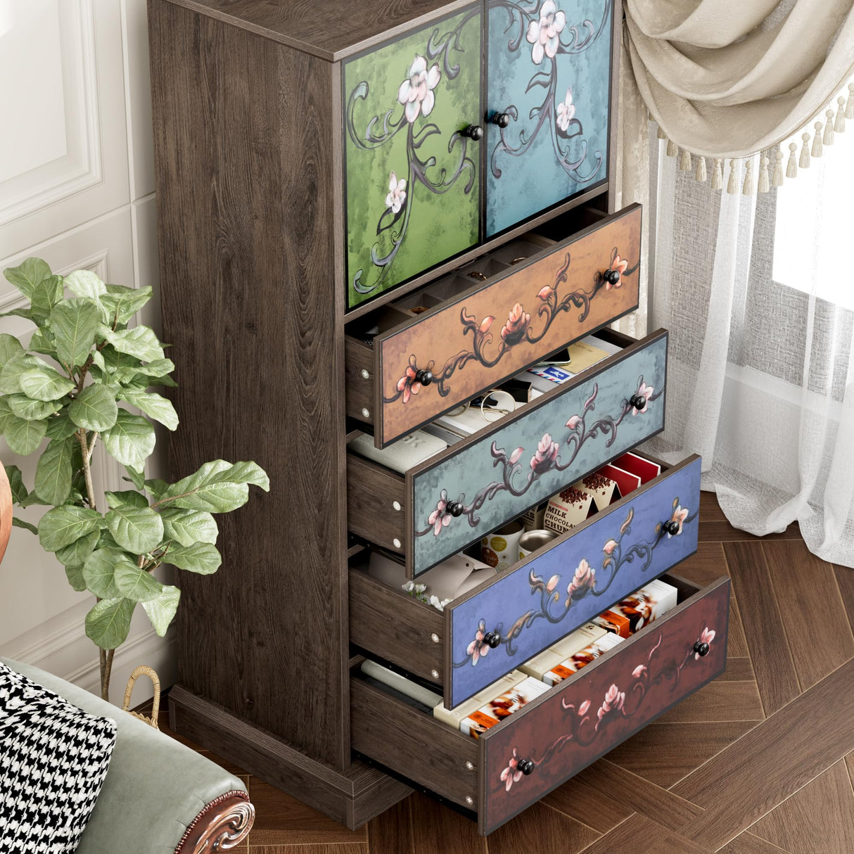 finetones 50’’ Tall Dresser, Boho Dresser Vintage Dresser with 4 Drawers and 2 Doors, Wood Dresser Chests of Drawers for Home, 16.1D x 23.6W x 50H Inch finetones