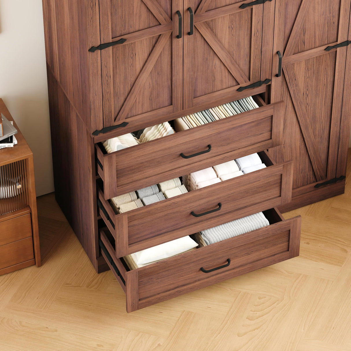 3 Door Armoire Wardrobe Closet Cabinet with 3 Drawers and Drawers, Farmhouse Bedroom Armoire with Hanging Rod and Adjustable Shelves, Large Capacity Storage Wardrobe Armoire for Bedroom, Brown DalyLuxa