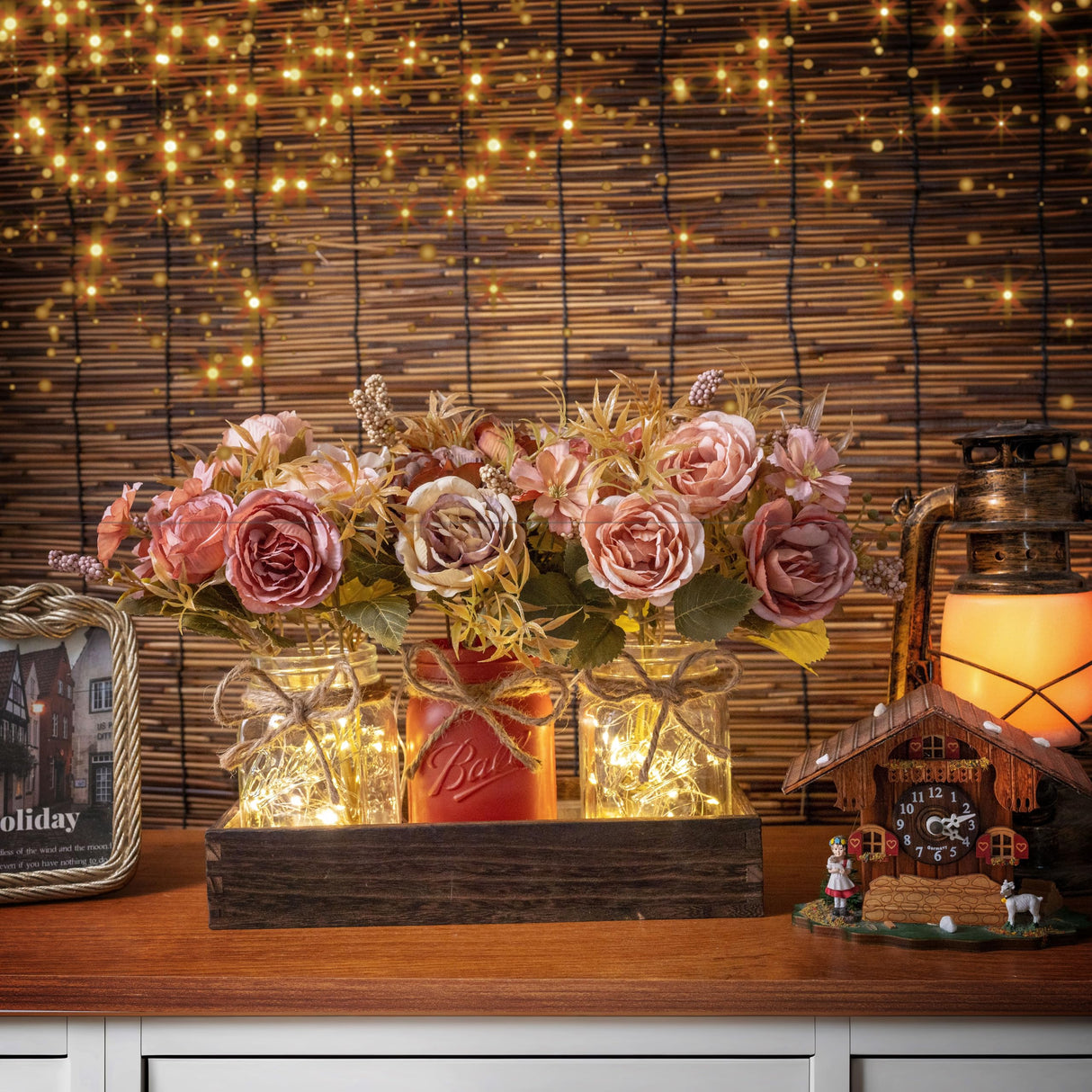LUEUR Fall Mason Jar Centerpiece for Table with Artificial Flowers, Set of 3 Pink & Brown Faux Rose Floral Farmhouse Painted Decorative Jars for Thanksgiving Autumn Kitchen Home Decor, Dinner Table LUEUR