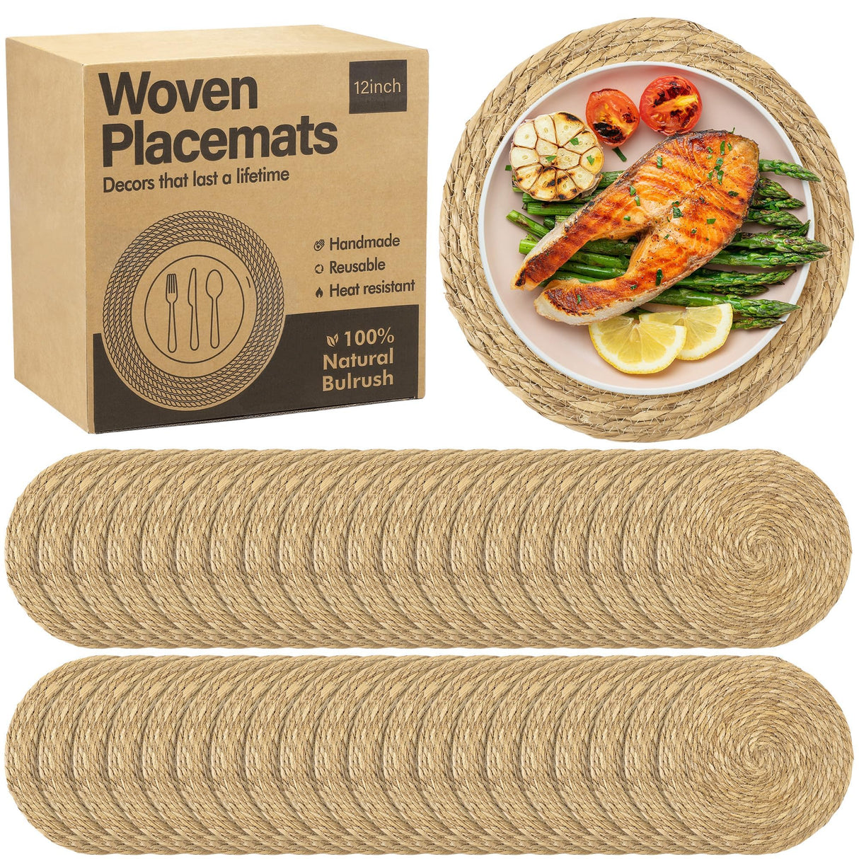 Elcoho 40 Pieces Round Woven Placemats 12 Inch Boho Rattan Placemats Farmhouse Braided Place Mats Woven Plate Chargers Rustic Wicker Table Mats for Dining Table Elcoho