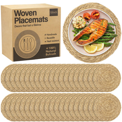 Elcoho 40 Pieces Round Woven Placemats 12 Inch Boho Rattan Placemats Farmhouse Braided Place Mats Woven Plate Chargers Rustic Wicker Table Mats for Dining Table