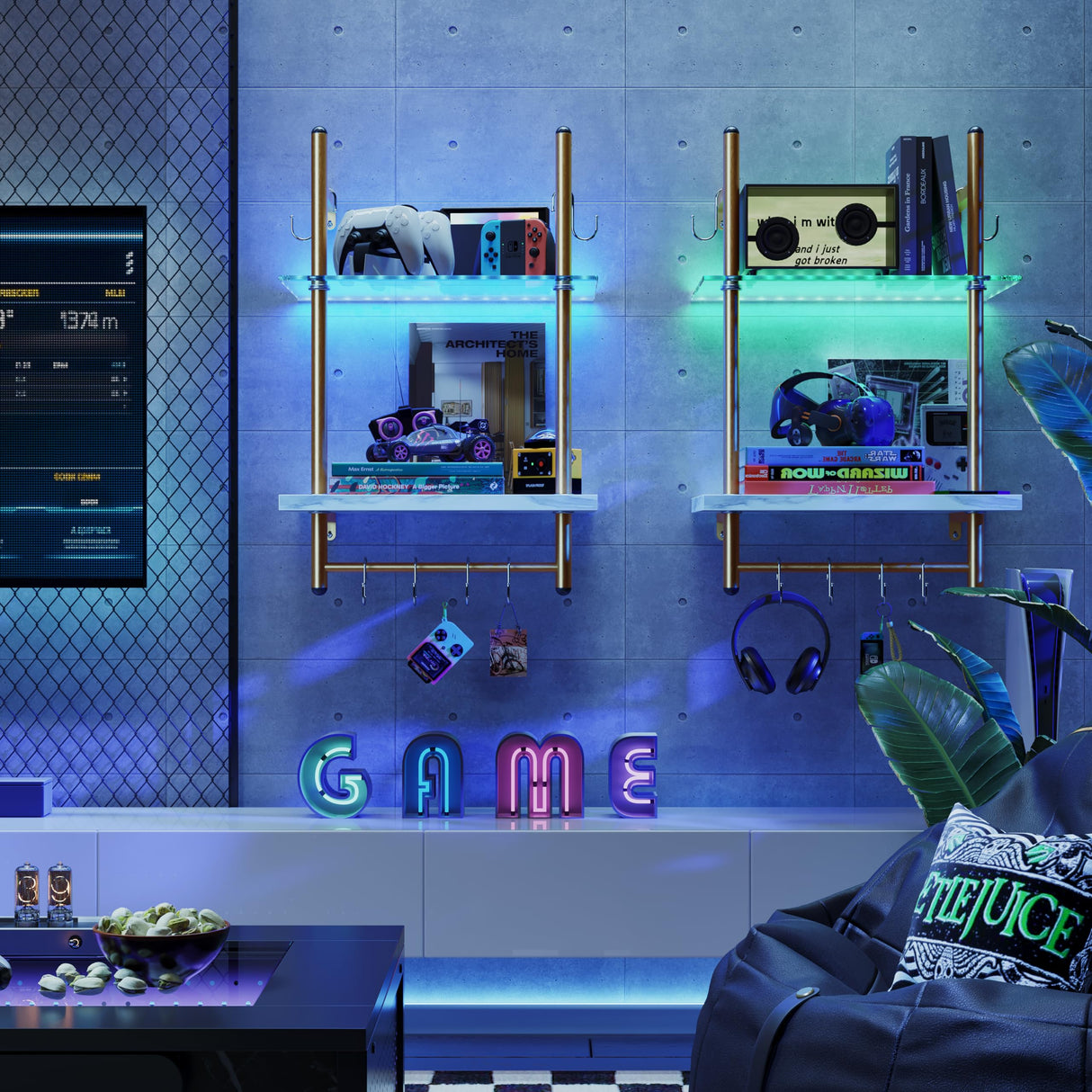 Bestier LED Floating Shelves for Wall, 15" Kitchen Shelves Wall Mounted 2 Tier Shelf with Tower Bar ＆ 6 S-Hooks, Pipe Hanging Shelves Wall Decor for Bathroom Bedroom, White Marble Bestier