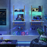 Bestier LED Floating Shelves for Wall, 15" Kitchen Shelves Wall Mounted 2 Tier Shelf with Tower Bar ＆ 6 S-Hooks, Pipe Hanging Shelves Wall Decor for Bathroom Bedroom, White Marble Bestier