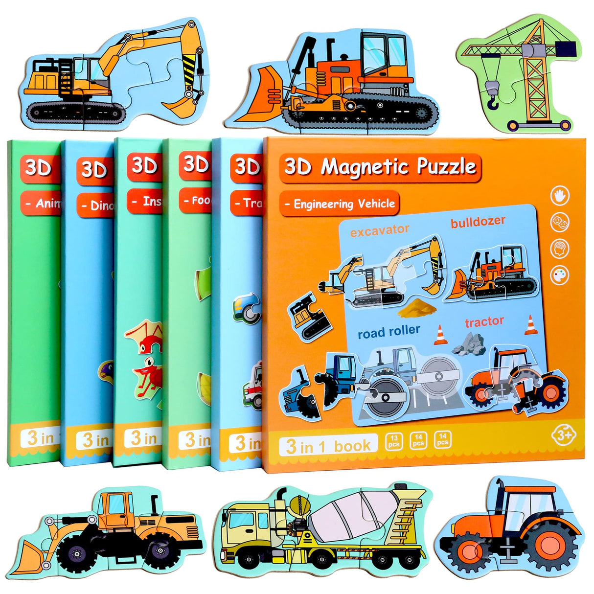 Magnetic Puzzles for Kids Ages 1-3, Travel Toddler Puzzles Ages 2-4 Year, Excavator Refrigerator Magnet for Kids Learning Gift for Road Trip QimuMku