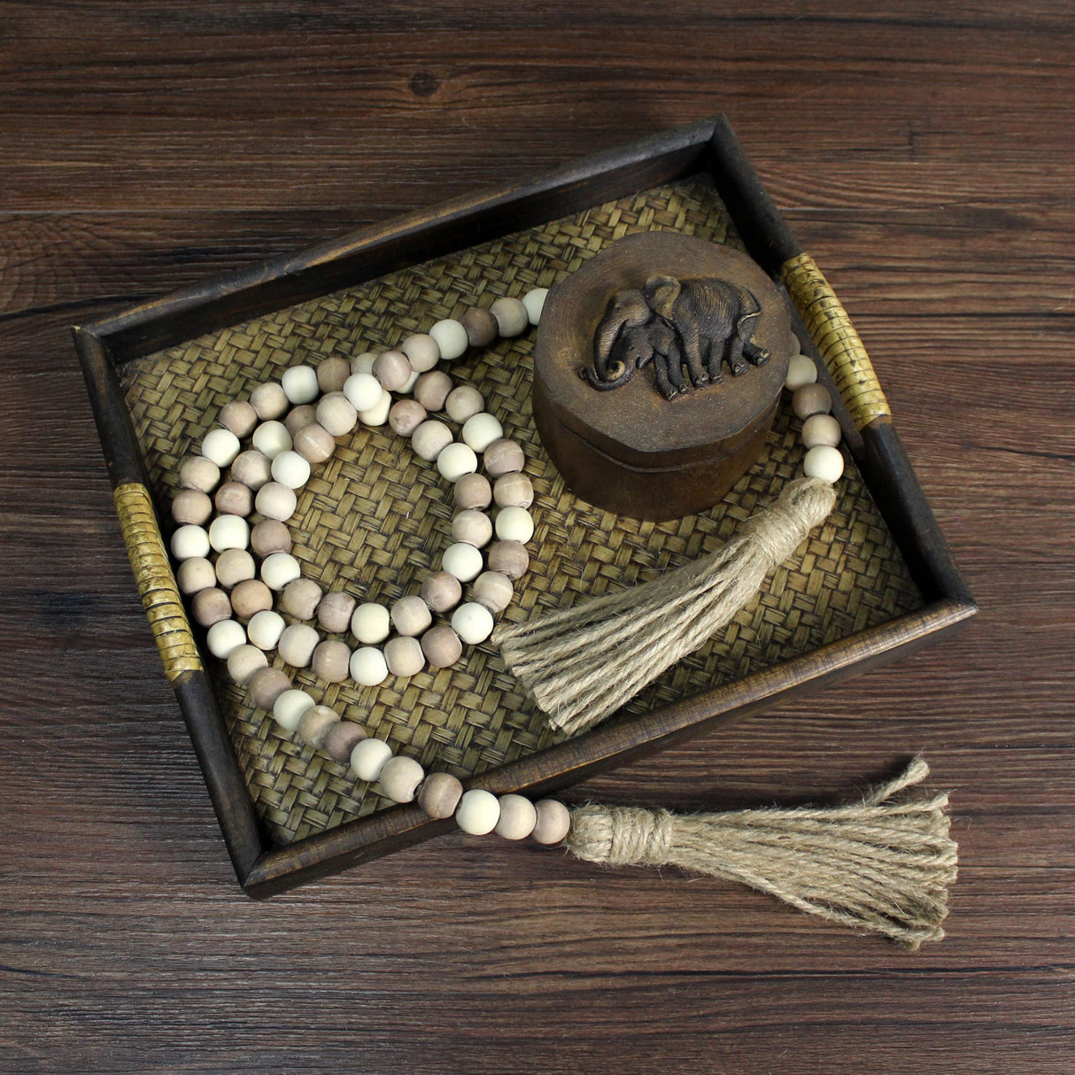 CVHOMEDECO. Wood Beads Garland with Tassels Farmhouse Rustic Wooden Prayer Bead String Wall Hanging Accent for Home Festival Decor. Mix Distressed CVHOMEDECO.