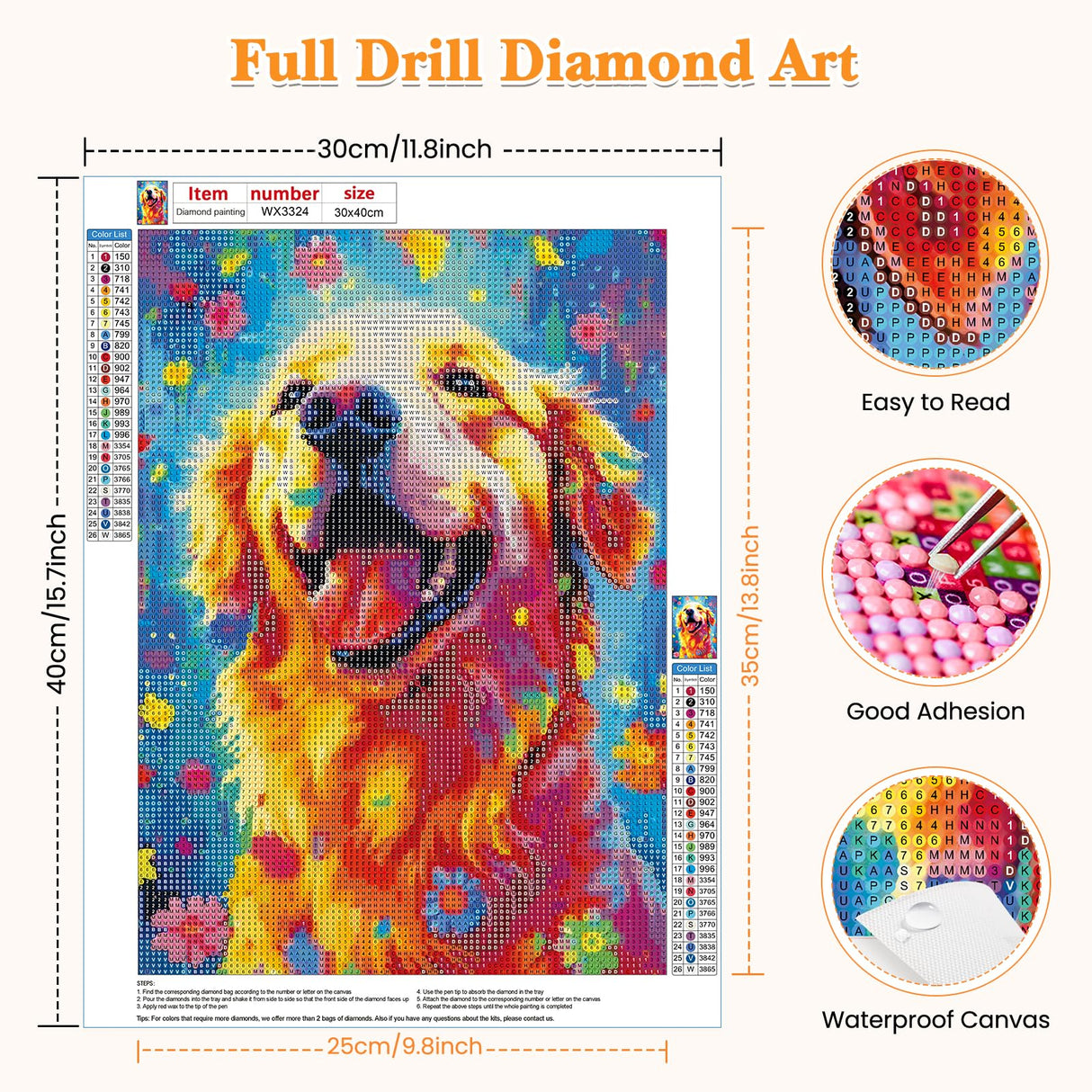 RICUVED Diamond Art Kits for Adults, Dog Diamond Art Kits Full Drill 5D Animal Diamond Art, Golden Retriever Gem Dots Art and Crafts for Gift Home Wall Decor 12x16 Inch/30x40cm RICUVED