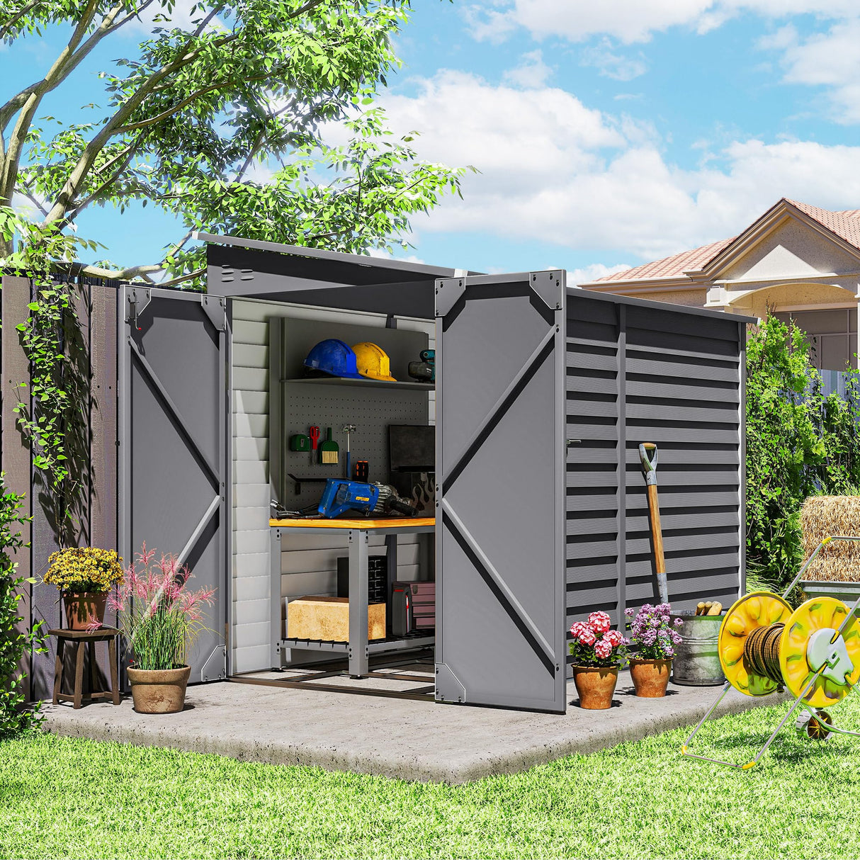 Outsunny 4.6' x 9' Steel Outdoor Storage Shed, Lean to Shed, Metal Tool House with Foundation Kit, Lockable Doors, Gloves and 2 Air Vents for Backyard, Patio, Lawn, Gray Outsunny
