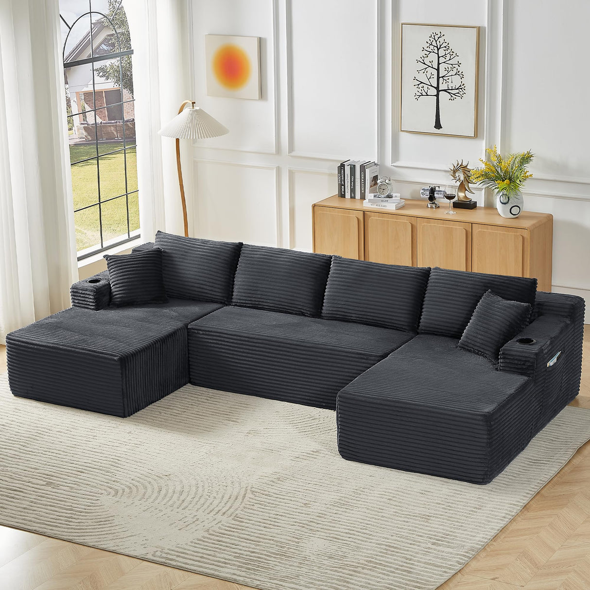 Tmsan 133.5" Oversized U Shaped Cloud Couch, Large Boneless Deep Seat Modular Sectional Sofa with Cup Holders & Side Pockets, Modern Corduroy Foam Compressed Sofa Set for Living Room Apartment Tmsan