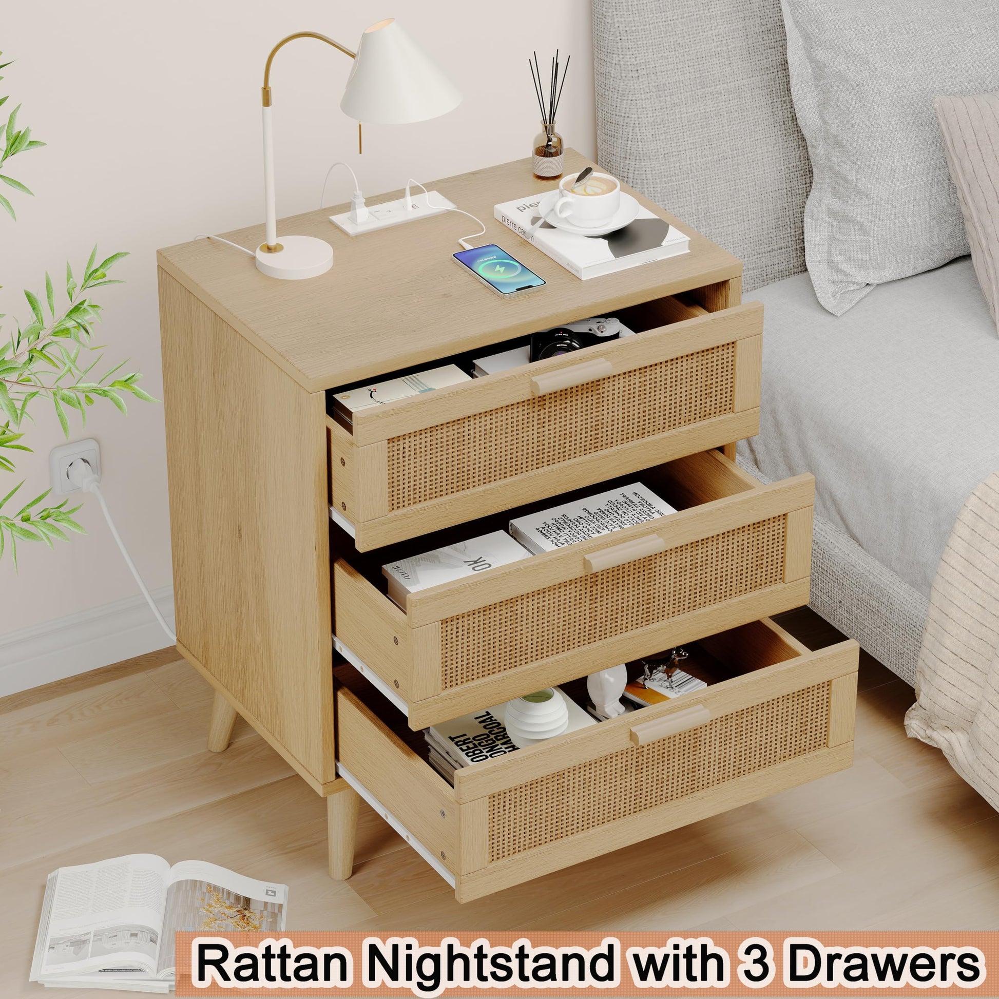 Rovaurx Rattan Nightstand with Charging Station, Night Stand with 3 Drawers, 28.5 Inch Bedside End Table for Bedroom, Side Table with USB Ports and Outlets, Boho Style, Natural RCTG110ME - WoodArtSupply