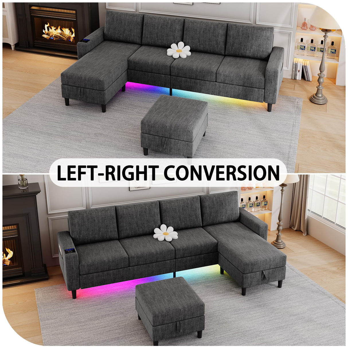HYZQ Sectional Couches for Living Room, 4 Seat Linen Sectional Sofa with Reversible Chaise Lounge/Storage Ottoman, U Shaped Couch with Smart Module-Wireless Charging/USB/Type-C/RGB Light (Dark Grey) HYZQ