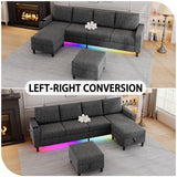 HYZQ Sectional Couches for Living Room, 4 Seat Linen Sectional Sofa with Reversible Chaise Lounge/Storage Ottoman, U Shaped Couch with Smart Module-Wireless Charging/USB/Type-C/RGB Light (Dark Grey) HYZQ