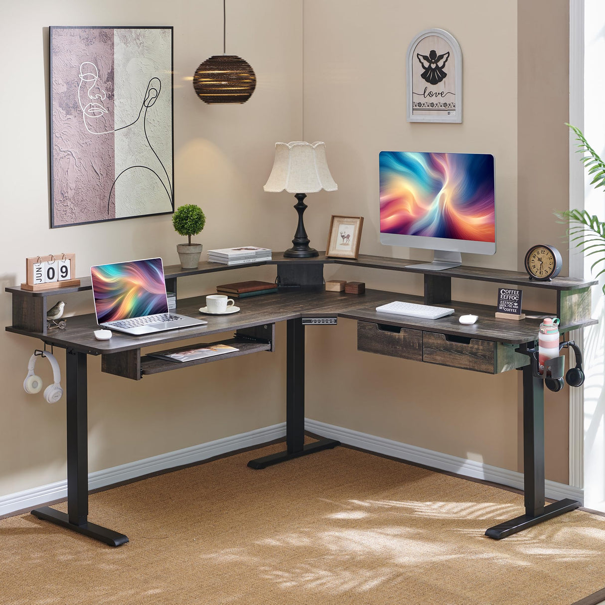 RedLemon L-Shaped Electric Standing Desk, 60 inches Motor Height Adjustable Sit Stand Corner Desk with Led, Large Home Office Desk Computer Workstation, Dark Rustic Oak RedLemon