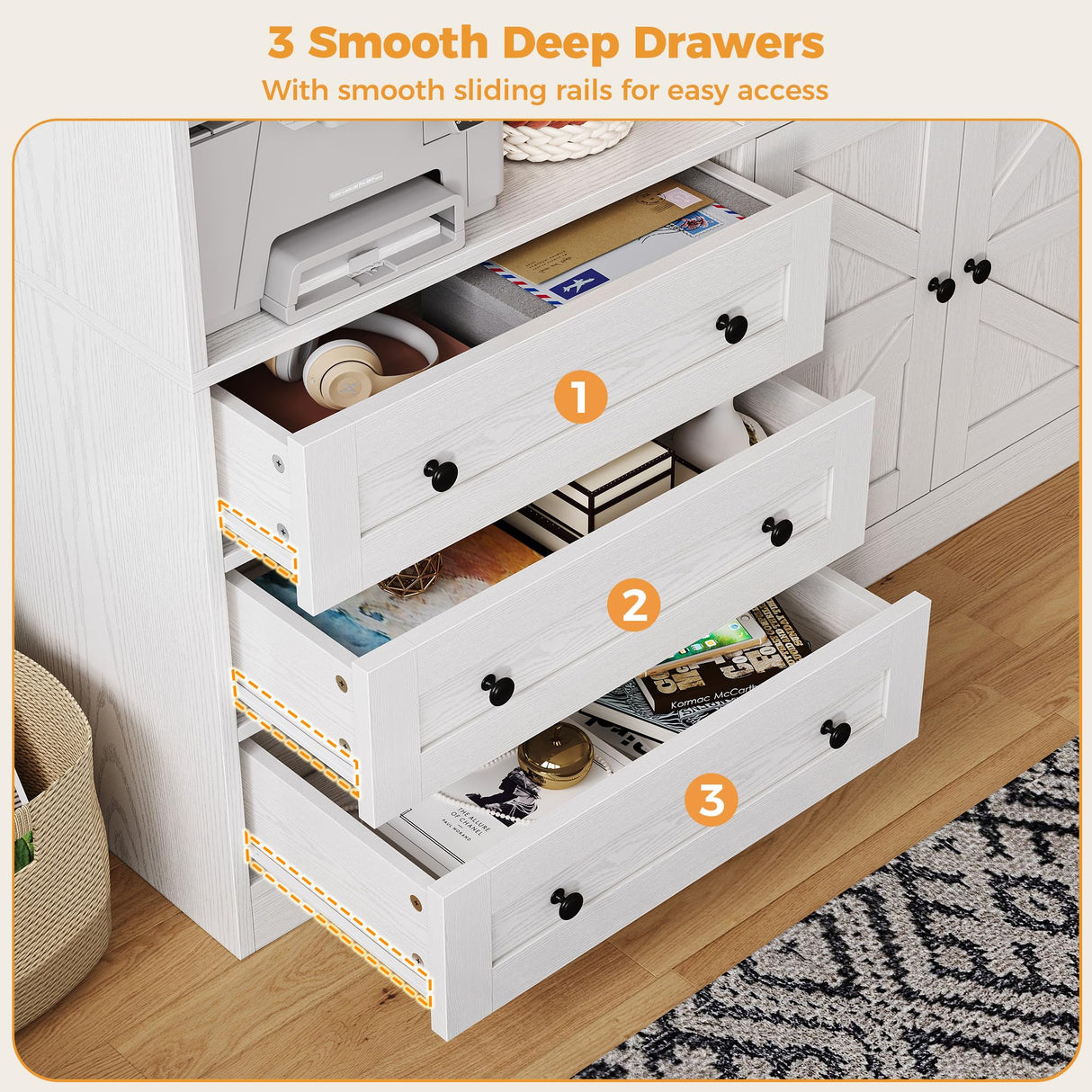 IRONCK Bookshelf with Drawers, 70.63 inch Tall Bookcase with Farmhouse Doors, 6 Tiers Book Shelf with Acrylic Doors, Bookshelves and Bookcases for Home Office, Living Room, Bedroom, White IRONCK