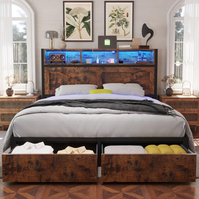 Farmhouse Full Bed Frame with Bookcase Headboard and Storage Drawers, LED Lights and Charging Station, No Box Spring Needed, Noise Free, Vintage Brown