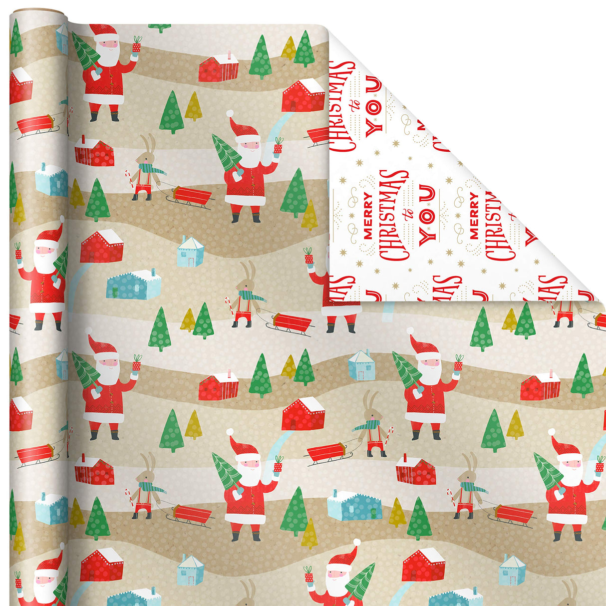 Hallmark Reversible Christmas Wrapping Paper (3 Rolls: 120 sq. ft. ttl) Rustic Santa, Papercraft Snowmen, Candy Canes, Stripes, Snowflakes, "Merry Christmas to You" Hallmark