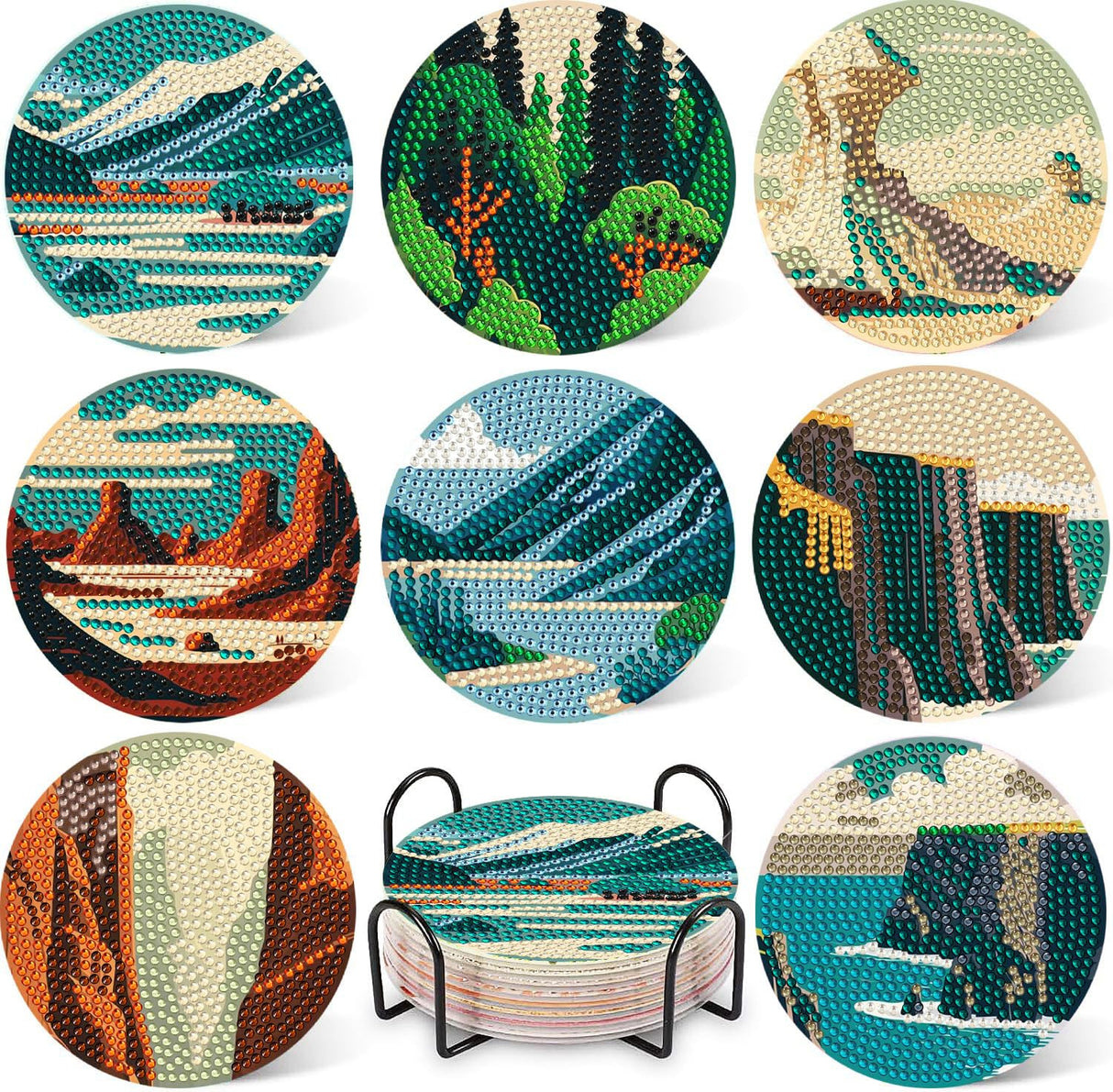 DOTZSO 8 Pcs Diamond Art Coasters Kit with Holder Diamond Art Kits for Adults Beginners Small Diamond Painting Coasters Arts and Crafts for Adults Supplies Item Sets (Landscape) DOTZSO