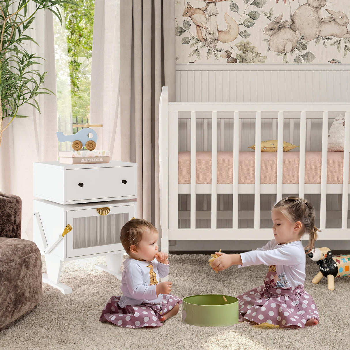 RoyalCraft Nightstand with LED Light Strips, White End Table with 360° Rotating Drawer, Modern Bedside Table with Glass Door Storage, Wood Night Stand Cabinet for Bedroom, Home Office, White RoyalCraft