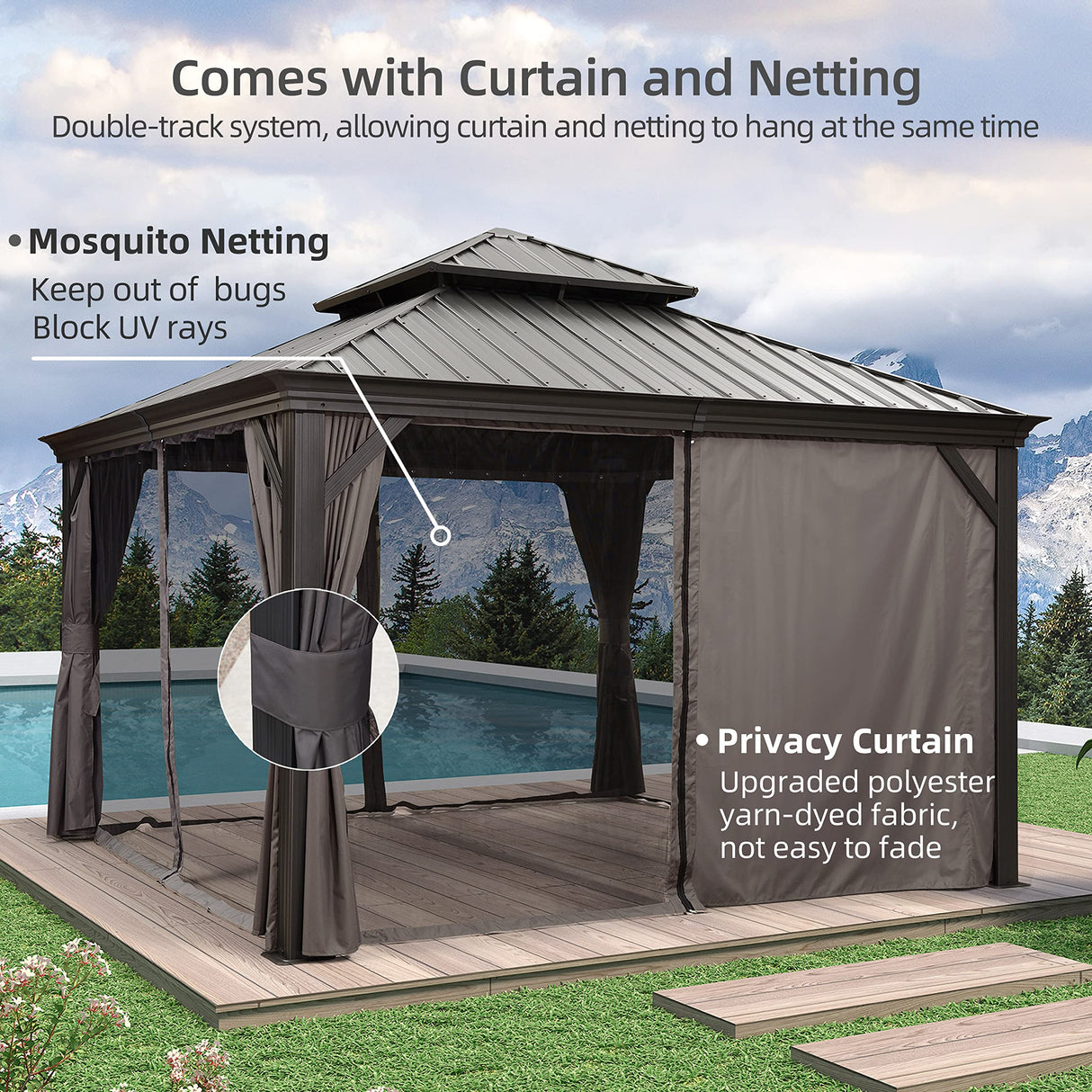 PURPLE LEAF 12' X 12' Permanent Hardtop Gazebo Aluminum Gazebo with Galvanized Steel Double Roof for Patio Lawn and Garden, Curtains and Netting Included, Grey PURPLE LEAF