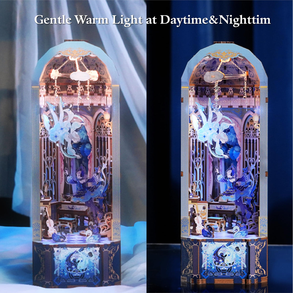 Tonecheer DIY Book Nook Kit for Adults, Wooden 3D Puzzle Music Box Bookend Bookshelf Insert Decor, Automatic Rotation Booknook Miniature House Kit with Dust Cover and LED Light (Swan Dream) Tonecheer