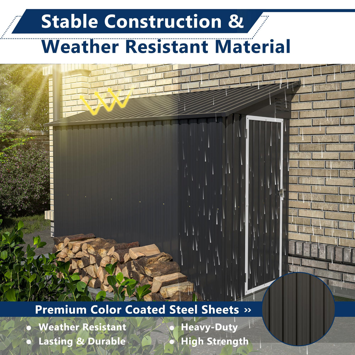 LZbeiteM Shed Lean to Storage Shed, Outdoor 4' x 8' Metal Wall Side Storage Sheds & Outdoor Storage, Garden Storage Cabinet for Backayrd, Patio and Outdoor Use,Black LZBEITEM