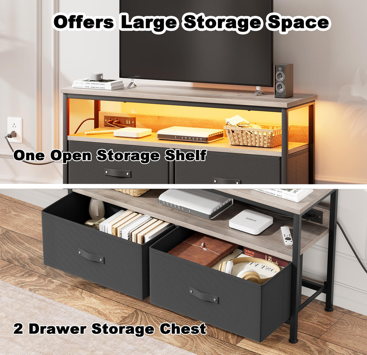 J-yaamiZz 39" Dresser TV Stand for TVs up to 50", Media Console with LED Lights, Charging Station & 2 Drawer Storage Chest, Gaming Entertainment Center with Storage for Bedroom, Living Room, Entryway J-yaamiZz