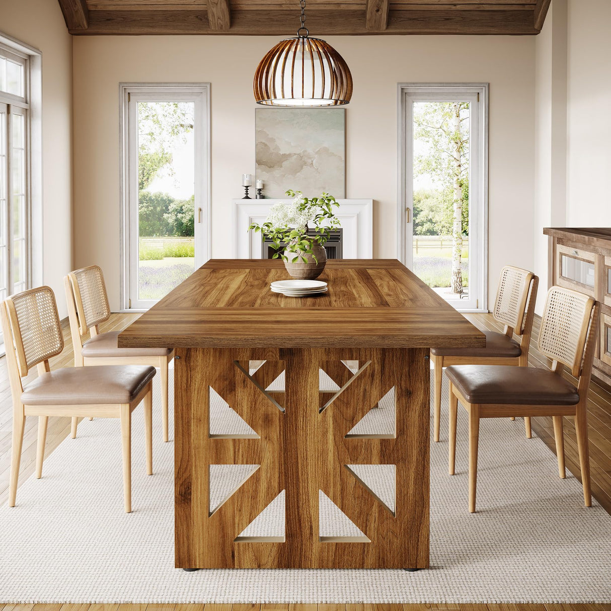 Tribesigns 62.4" Farmhouse Dining Table for 4-6 People, Rectangular Wooden Kitchen Dinner Table with Double Robust Pedestal for Dining Room, Living Room, Kitchen, Brown Tribesigns