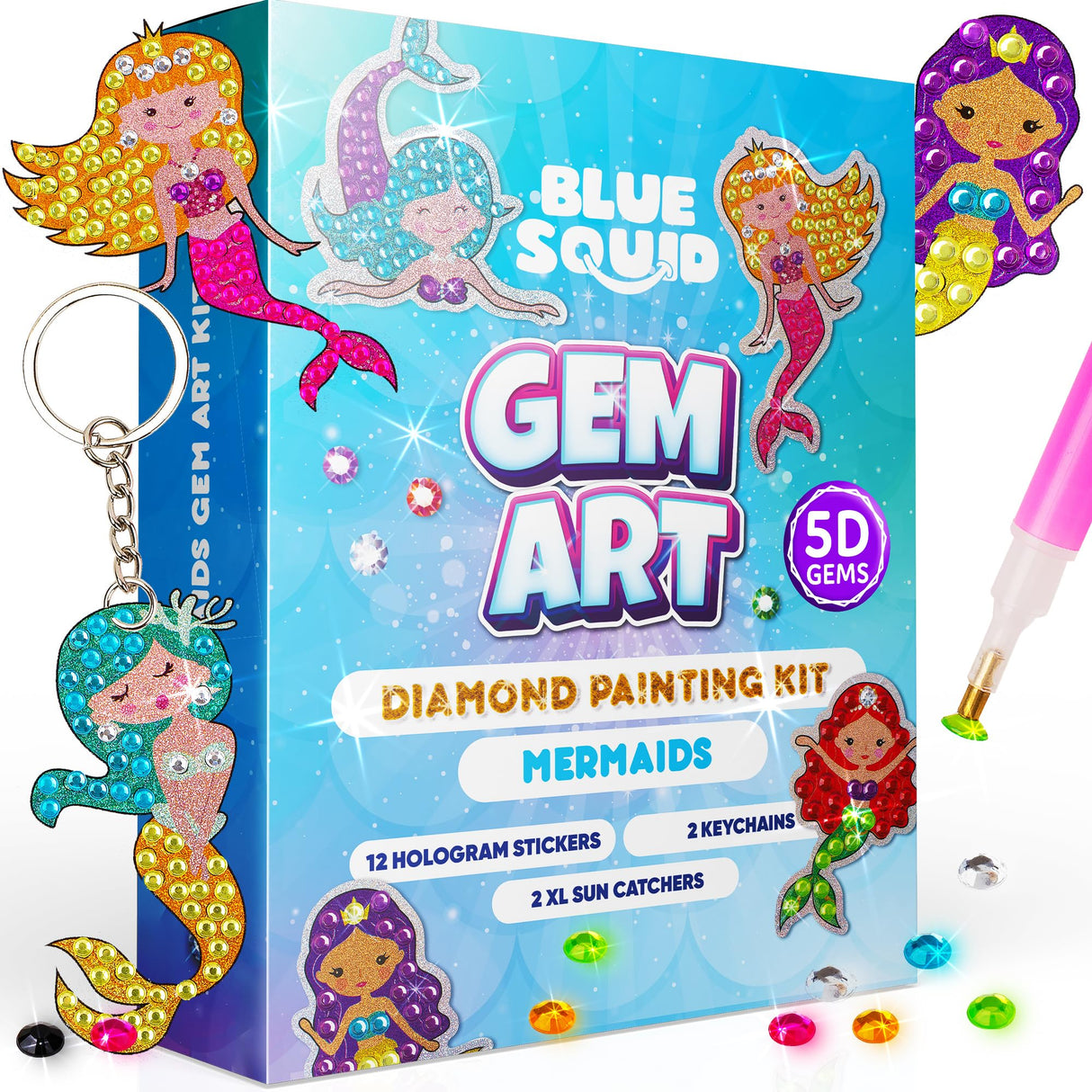 Blue Squid Diamond Art Kits for Kids – Mermaid - Fun & Easy DIY 5D Gem Art Gift Set for Keychains, Stickers, Sun Catchers - Diamond Painting Kit Arts & Crafts Kit for Kids, Girls, Boys Ages 6-12 Blue Squid