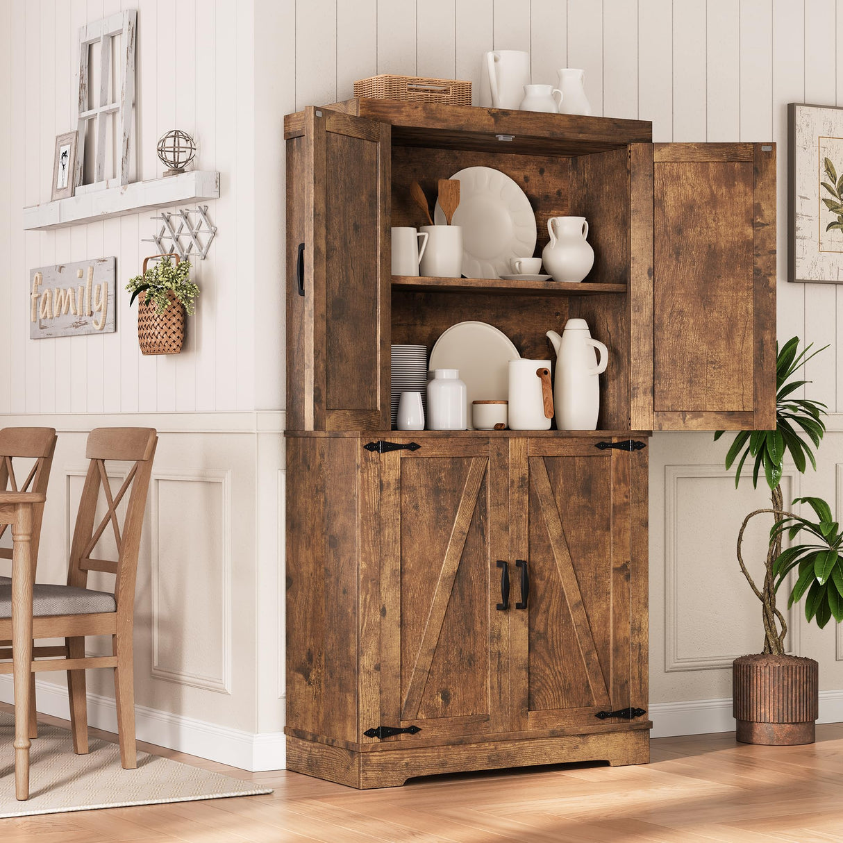 Pantry Cabinet,68'' Kitchen Pantry Storage Cabinet with 4 Doors and Adjustable Shelves, Farmhouse Tall Food Large Wood Pantry Storage Furniture for Kitchen Dining Room,Brown Jocoevol